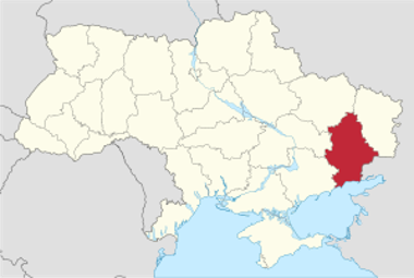 A map of Ukraine and Donetsk marked in red