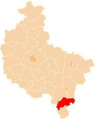 A map of the Wielkopolskie Voivodeship and the district of Ostrzeszow is marked in red