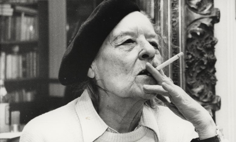Ruth Ricarda Bruch Black and white photo of Ruth Ricarda Bruch with a cigarette in her mouth.