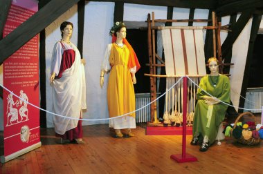 Two mannequins with replica clothing.