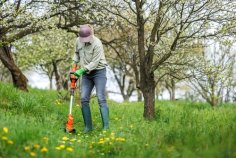 Une femme coupe l'herbe dans un jardin