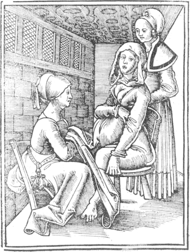 Manuel de sage-femme de 1513 La page de garde d'un manuel de sage-femme. L'inscription est la suivante : "Rosegarten. Le quatrième chapitre demande comment chaque femme doit se tenir avant et après l'accouchement et comment aider à un accouchement difficile". En dessous, une illustration montre une femme en train d'accoucher, assise sur une chaise de sage-femme, avec une sage-femme devant elle et une autre femme derrière elle.