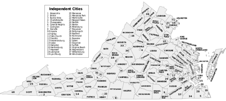 Una mappa delle contee dello Stato della Virginia