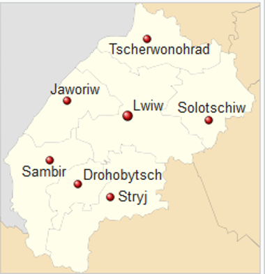 Ucraina Una mappa dell'oblast' di Lviv e delle sue circoscrizioni contrassegnate con dei pin.
