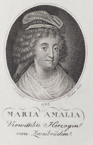 Anton Karcher: Maria Amalia di Sassonia, 1795 Foto di un'incisione su rame in scala di grigi, in cui è raffigurato il ritratto di una donna.