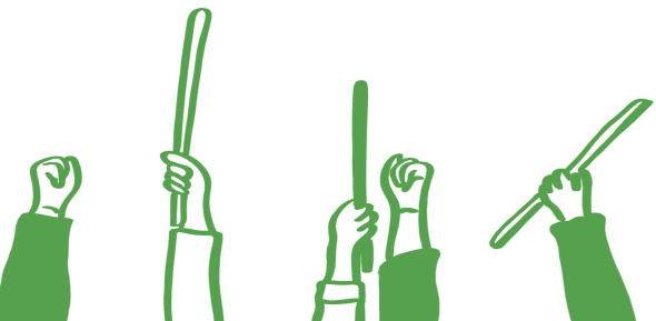 Disegno digitale di mani tese in aria, alcune delle quali tengono dei bastoni.