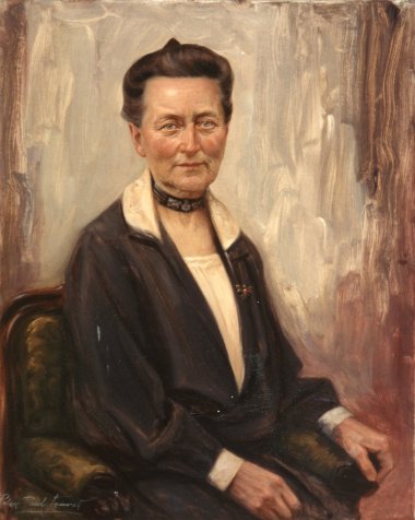 Dipinto a olio raffigurante una donna seduta su una poltrona.