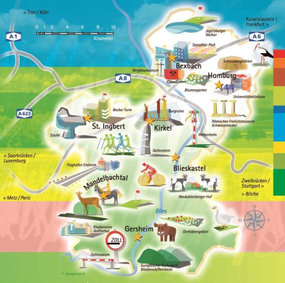 Una mappa colorata del distretto di Saarpfalz con immagini
