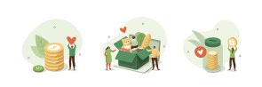 Donazione, illustrazione, set, volontari, raccolta, cibo e vestiti, in donazione Donazione, illustrazione, set, volontari, raccolta, cibo e vestiti, in donazione
