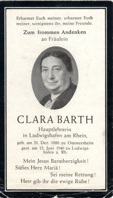 Barth_Sterbebild Некролог Клары Барт с портретом.