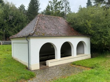 Цветная фотография: вид снаружи прачечной на зеленой лужайке.