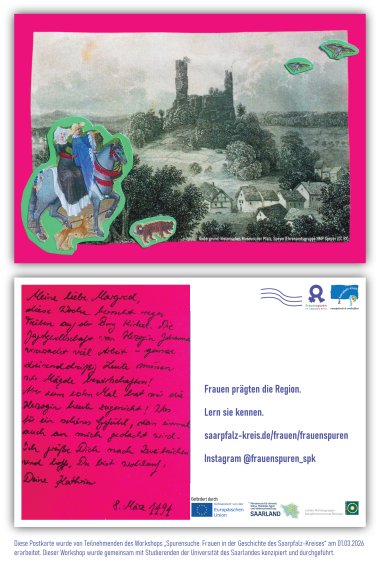 Ön ve arka yüzü olan hayali bir kartpostal fotoğrafı. Ön yüzünde Kirkel Kalesi, bir şövalye ve at üzerinde bir hanımefendi ile tasvir edilmiştir. Arka yüzünde ise hayali Magst Kathrin, Düşes'in Mart 14494'teki ziyareti hakkında yazıyor.