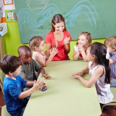 Eine Gruppe von Kindern und eine Betreuerin sitzen an einem Tisch und klatschen in die Hände