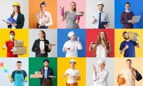 Informationen für Arbeitgeber*innen Menschen mit unterschiedlichen Berufen sind in bunten Kacheln dargestellt