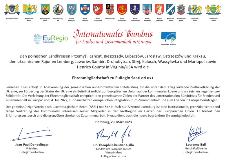 Ein Bild der Urkunde Ehrenmitgliedschaft zu EURegio SaarLouLux+
