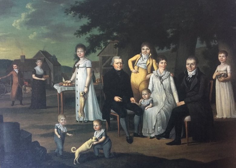 Bildnis der Familie Krämer Gemälde, auf dem unter einem Baum die Mitglieder der Familie Krämer abgebildet sind. Im Hintergrund sieht man die Alte Schmelz.