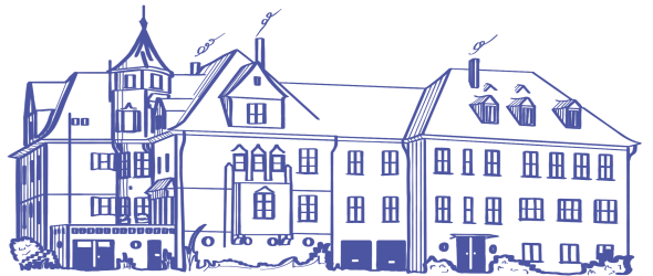Landwirtschaftsschule BLK Digitale Illustration in dunkelblauer Farbe eines Gebäudes.