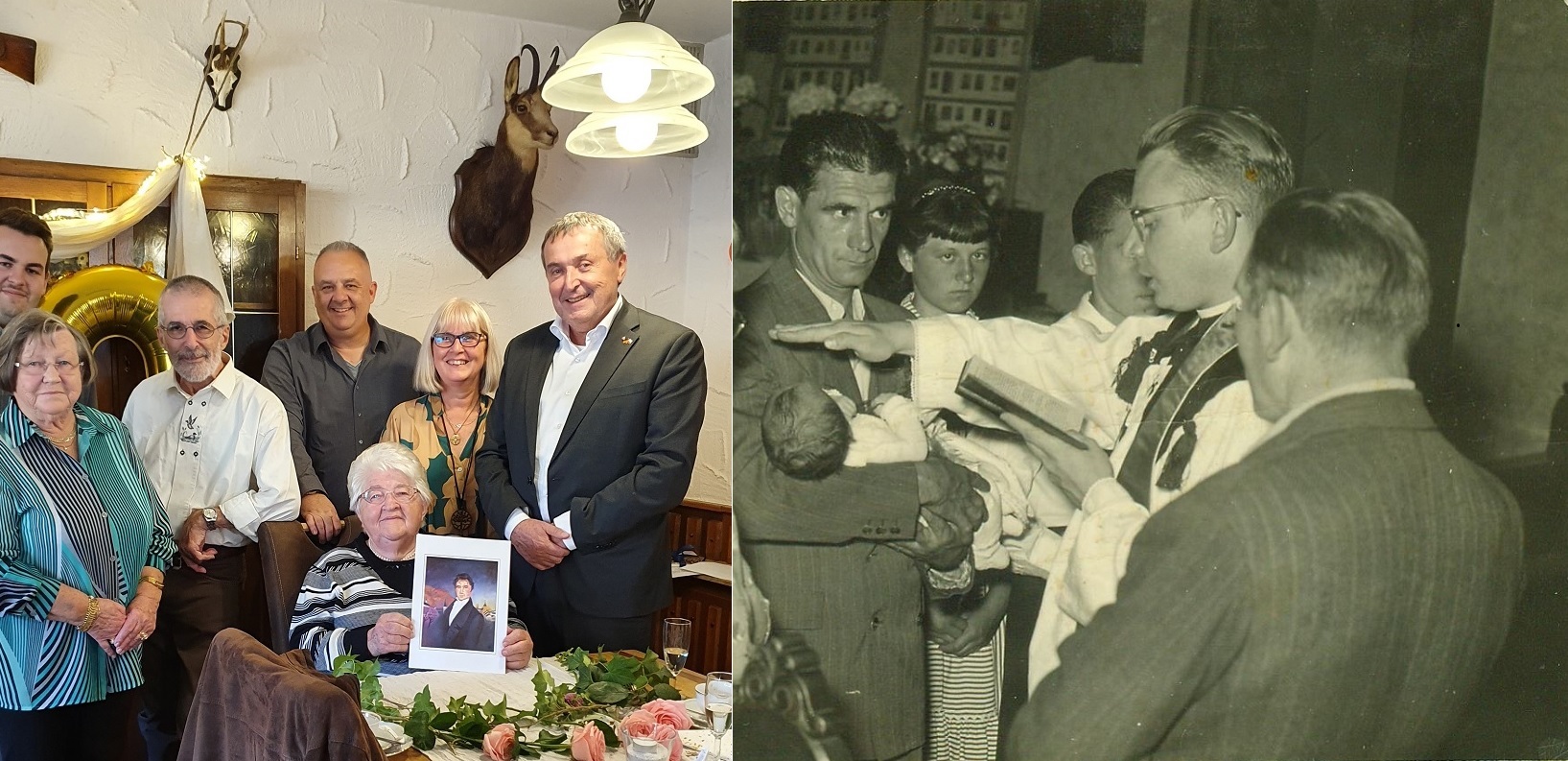 Foto links: Robert Holtz Bildunterzeile: Landrat Dr. Theophil Gallo (r.) gratulierte Emilie Müller (sitzend) – hier im Kreise ihrer Lieben – zu ihrem Jubiläum. Foto rechts: privat Bildunterzeile: Taufe am 2. Juli 1957 in der katholischen Pfarrkirche St. Martin in Bexbach: Pate Hans Müller hält den Täufling Theophil Christian Gallo im Arm, während der Pfarrer den Segen spricht. Neben Hans Müller steht dessen Tochter Hannelore Müller, die das Amt der Patin übernahm.
