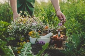 Heilpraktikererlaubnisverfahren Ein Korb mit Blumen und pflanzliche Arzneimittel